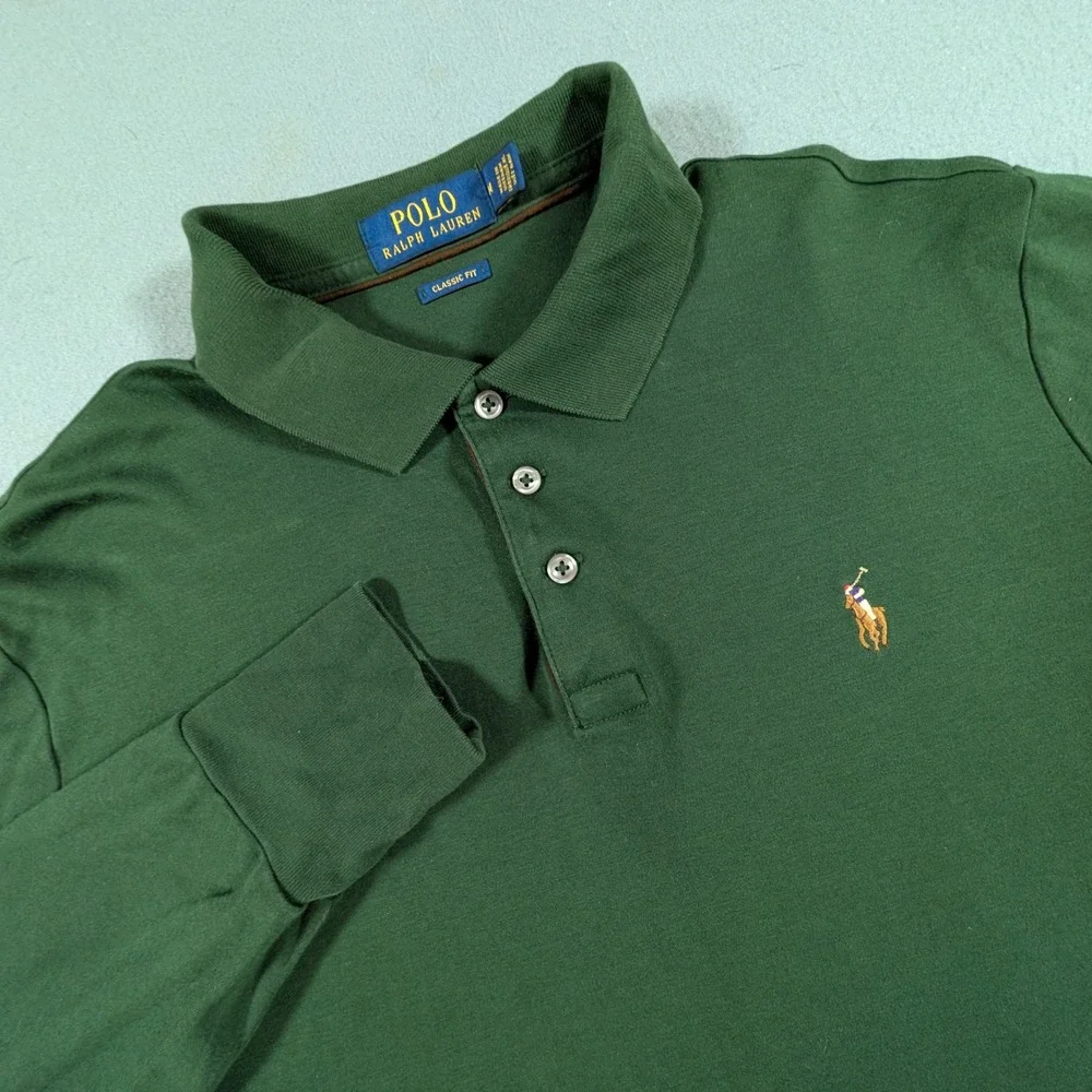 Polo Ralph Lauren Long Sleeve Polo Mens Size M Green Classic Fit Flesh Pony Logo